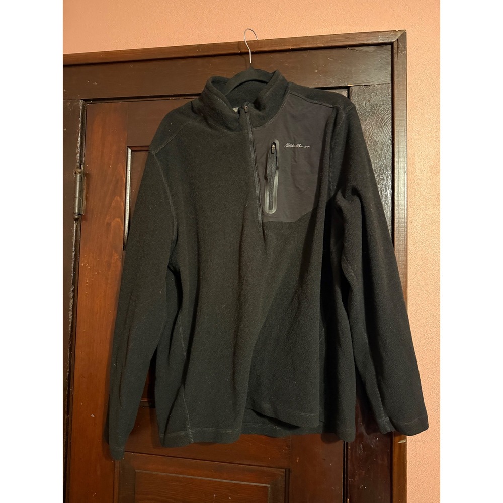 Eddie Bauer Mens Black Fleece Quarter Zip Pullover Sweater Chest Pocket Large